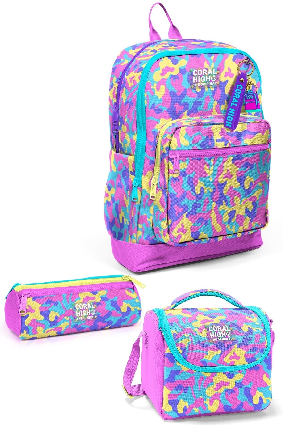  CORAL HİGH KİDS PEMBE SARI LAVANTA KAMUFLAJ DESENLİ 3'LÜ OKUL ÇANTA SETİ