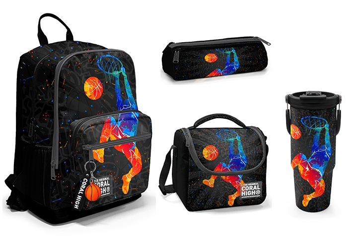 CORAL HİGH GRİ BASKETBOL DESENLİ 900 ml ÇELİK TERMOSLU 4'LÜ OKUL ÇANTA SETİ