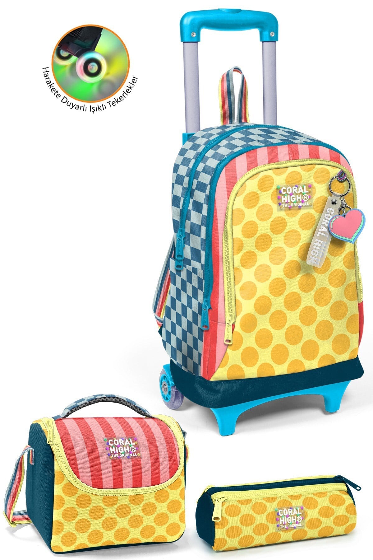 Coral High Kids Çok Renkli Dama Çizgi Puantiye Desenli Çekçekli 3'lü Çanta Seti SET0134004