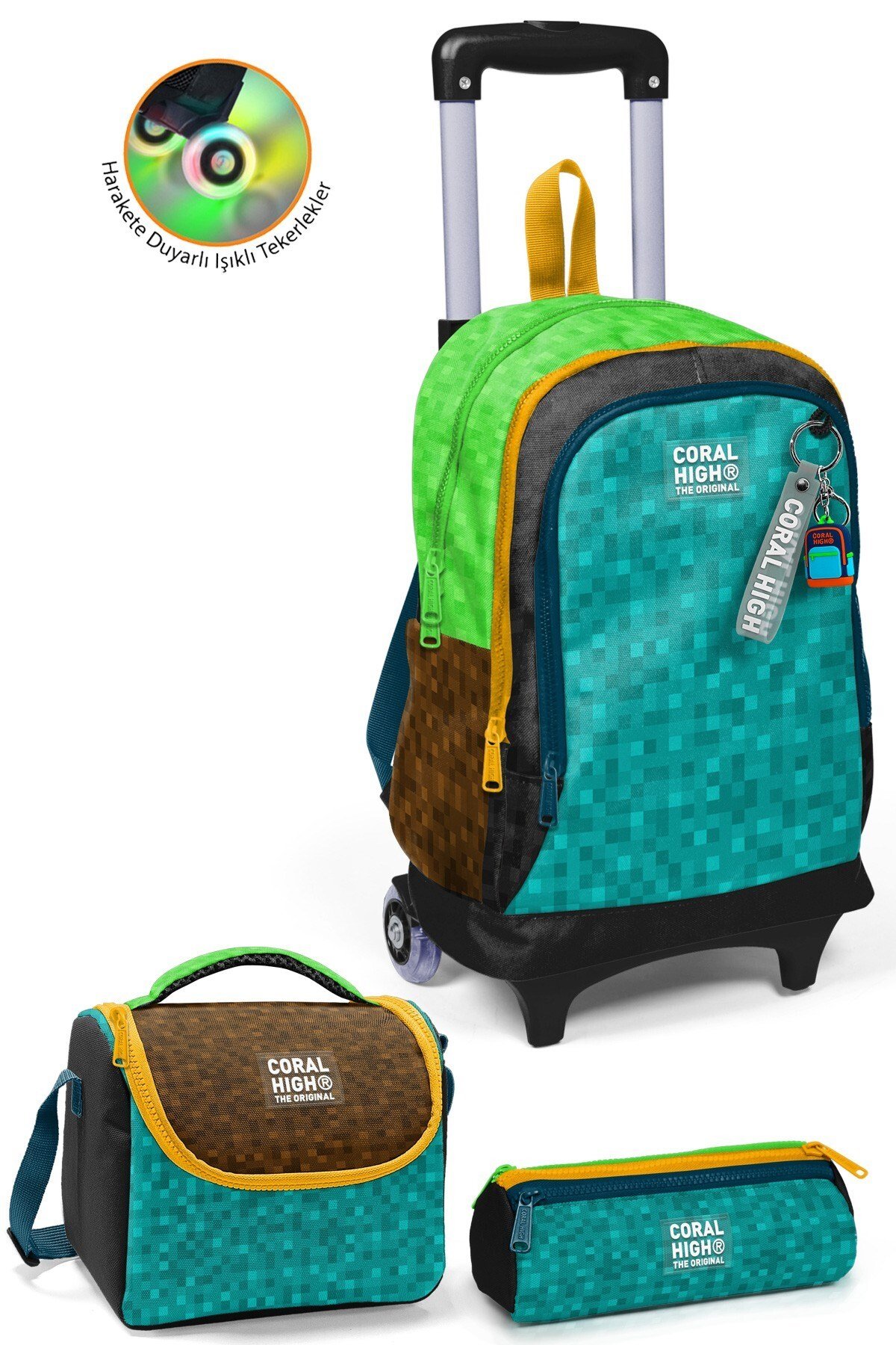 CORAL HİGH KİDS CRAFT DESENLİ DESENLİ 650 ml ÇELİK TERMOSLU ÇEKÇEKLİ 4'LÜ ÇANTA SETİ 