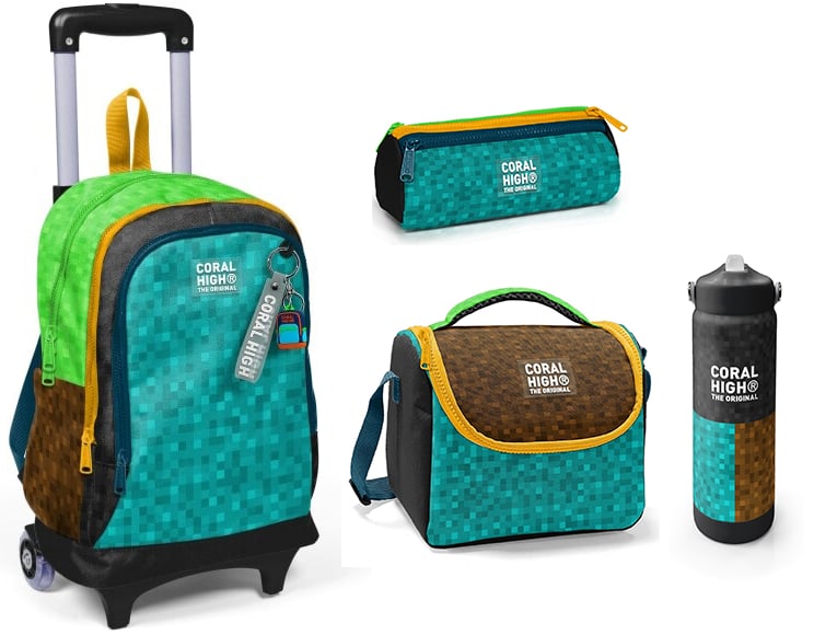 CORAL HİGH KİDS CRAFT DESENLİ DESENLİ 500 ml ÇELİK TERMOSLU ÇEKÇEKLİ 4'LÜ ÇANTA SETİ 