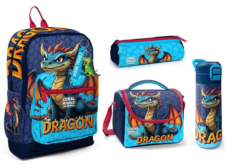 CORAL HİGH KİDS DRAGON DESENLİ 500 ml ÇELİK TERMOSLU 4'LÜ OKUL ÇANTA SETİ 