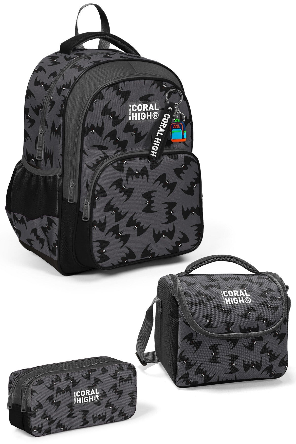 CORAL HİGH KİDS GRİ SİYAH YARASA DESENLİ 3'LÜ OKUL ÇANTA SETİ 