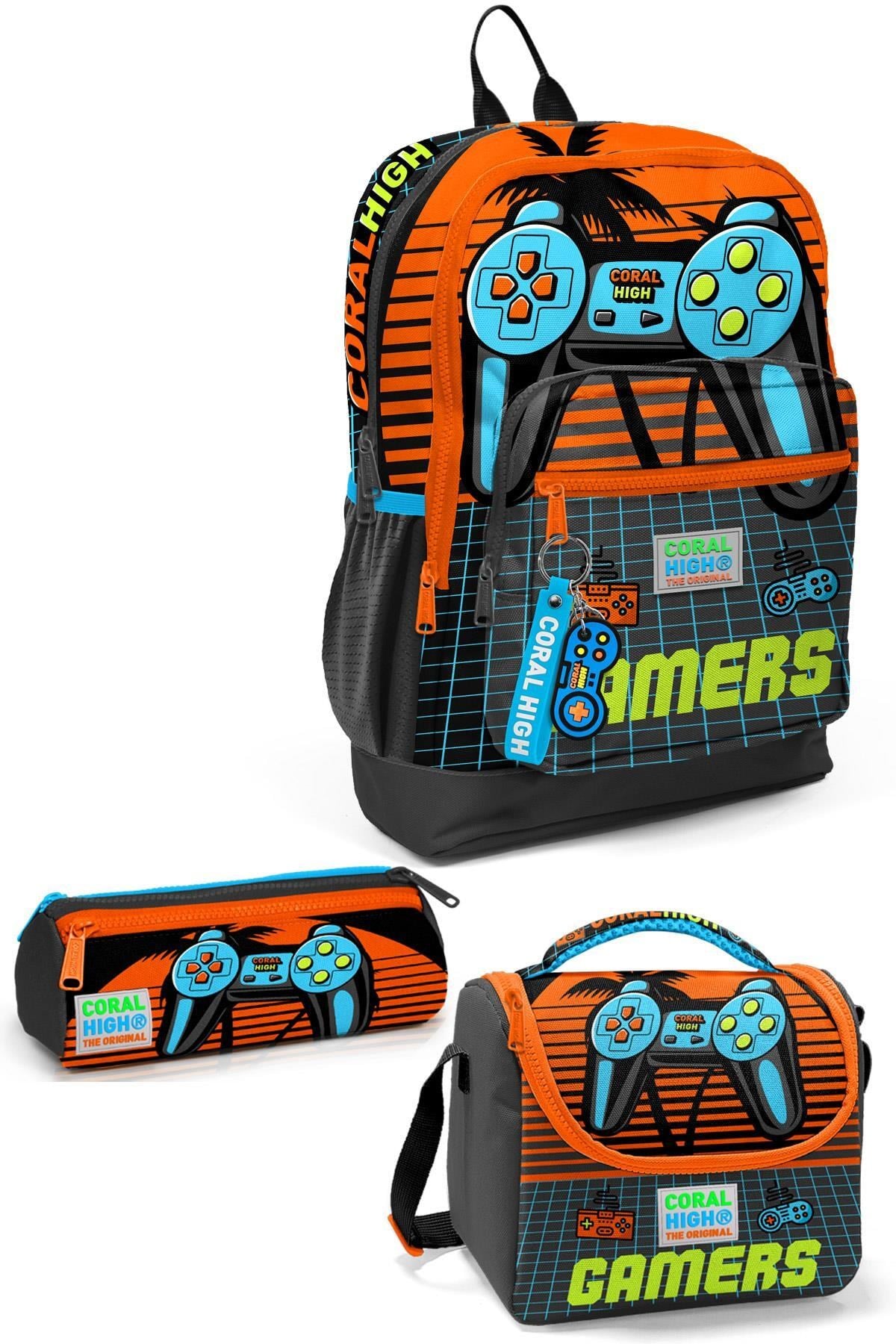 CORAL HİGH KİDS GRİ TURUNCU GAMER DESENLİ 3'LÜ OKUL ÇANTA SETİ 