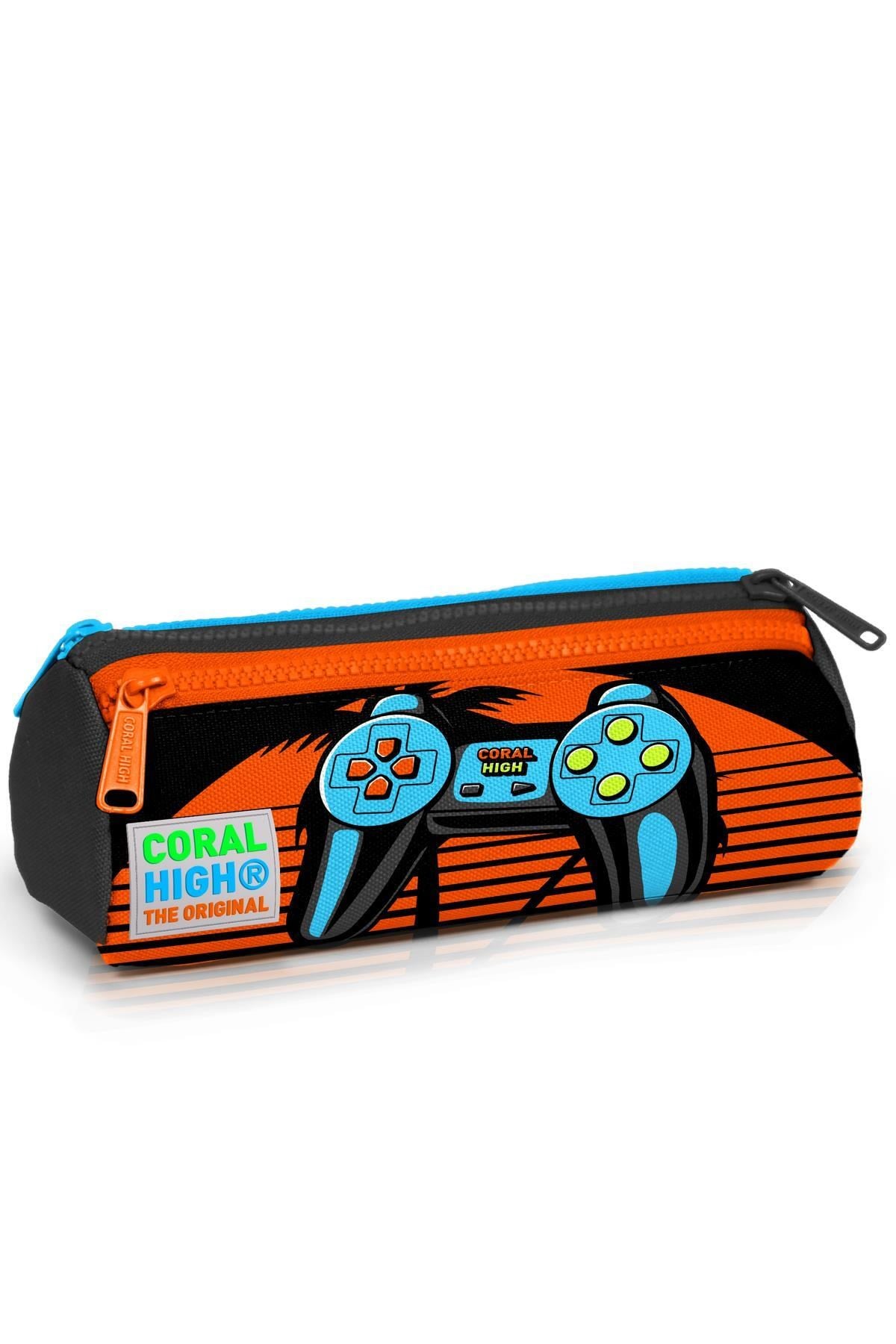 Coral High Kids Gri Turuncu Gamer Desenli Üç Bölmeli Kalem Çantası 22046