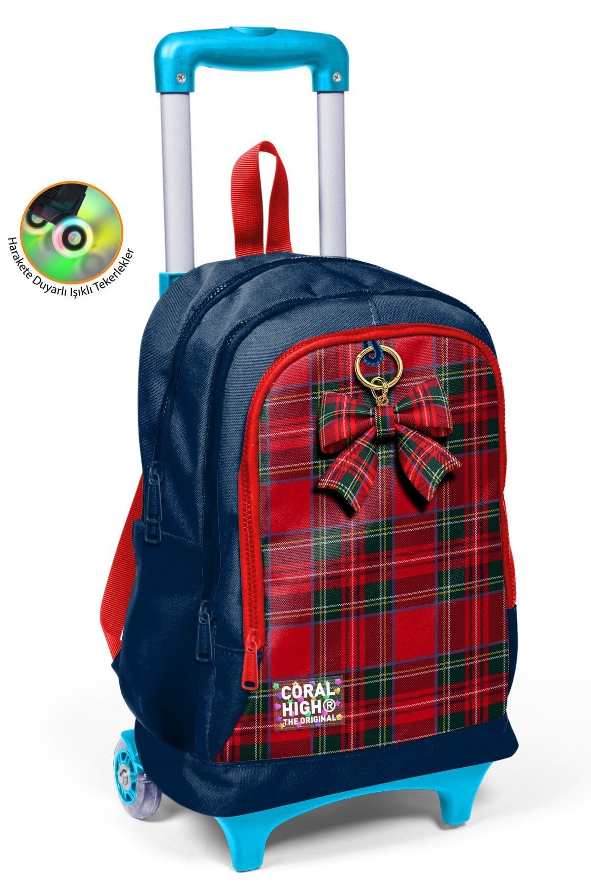 Coral High Kids Lacivert Ekose Fiyonk Desenli Üç Bölmeli Çekçekli Okul Sırt Çantası 34007