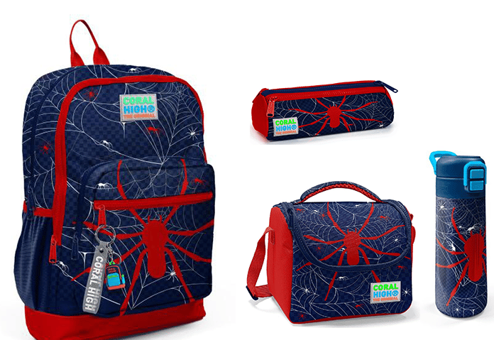 CORAL HİGH KİDS LACİVERT KIRMIZI ÖRÜMCEK DESENLİ 500 ml ÇELİK TERMOSLU 4'LÜ OKUL ÇANTA SETİ