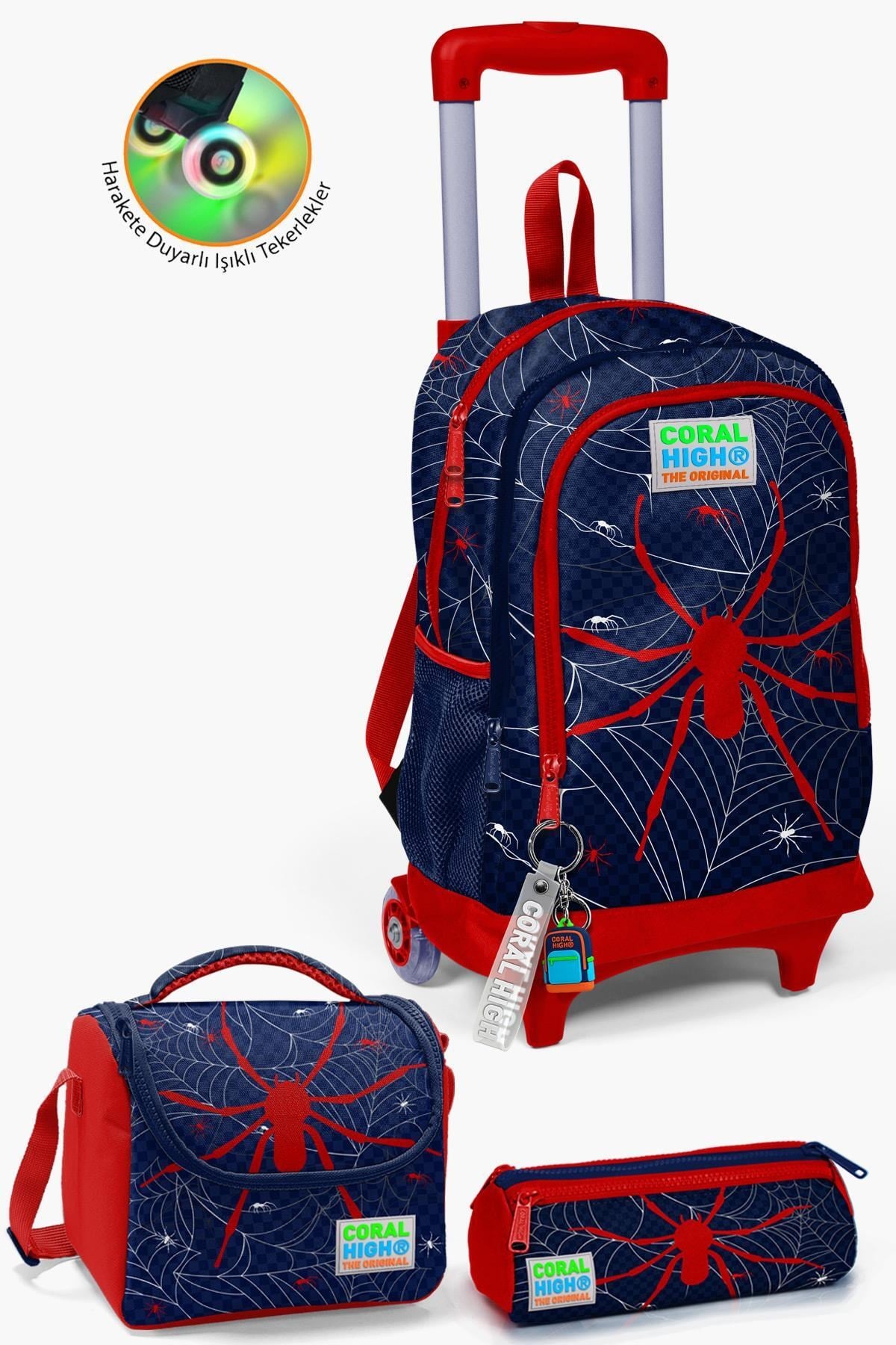 Coral High Kids Lacivert Kırmızı Örümcek Desenli Üç Bölmeli Çekçekli 3'lü Çanta Seti SET0123920