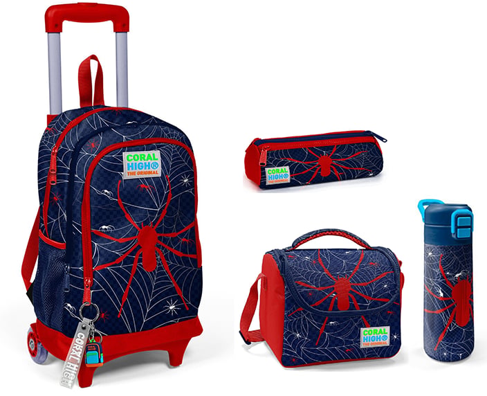 CORAL HİGH KİDS LACİVERT KIRMIZI ÖRÜMCEK DESENLİ ÜÇ BÖLMELİ ÇEKÇEKLİ 500 ml ÇELİK TERMOSLU 4'LÜ ÇANTA SETİ