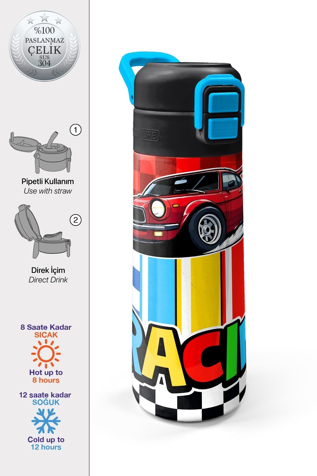 Coral High Kids Lacivert Mavi Astronot Desenli Pipetli ve Direkt İçim Çelik Termos 500 ml 31804