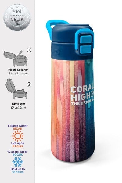 Coral High Kids Lacivert Renkli Çizgili Desenli Pipetli ve Direkt İçim Çelik Termos 500 ml 31890