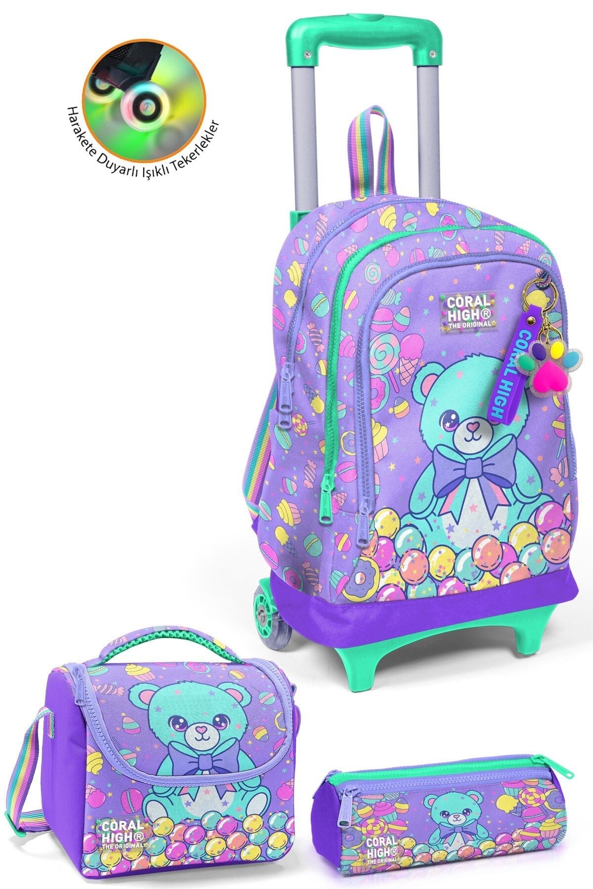 CORAL HİGH KİDS MİLKA ŞEKER AYICIK DESENLİ ÇEKÇEKLİ 3'LÜ ÇANTA SETİ 