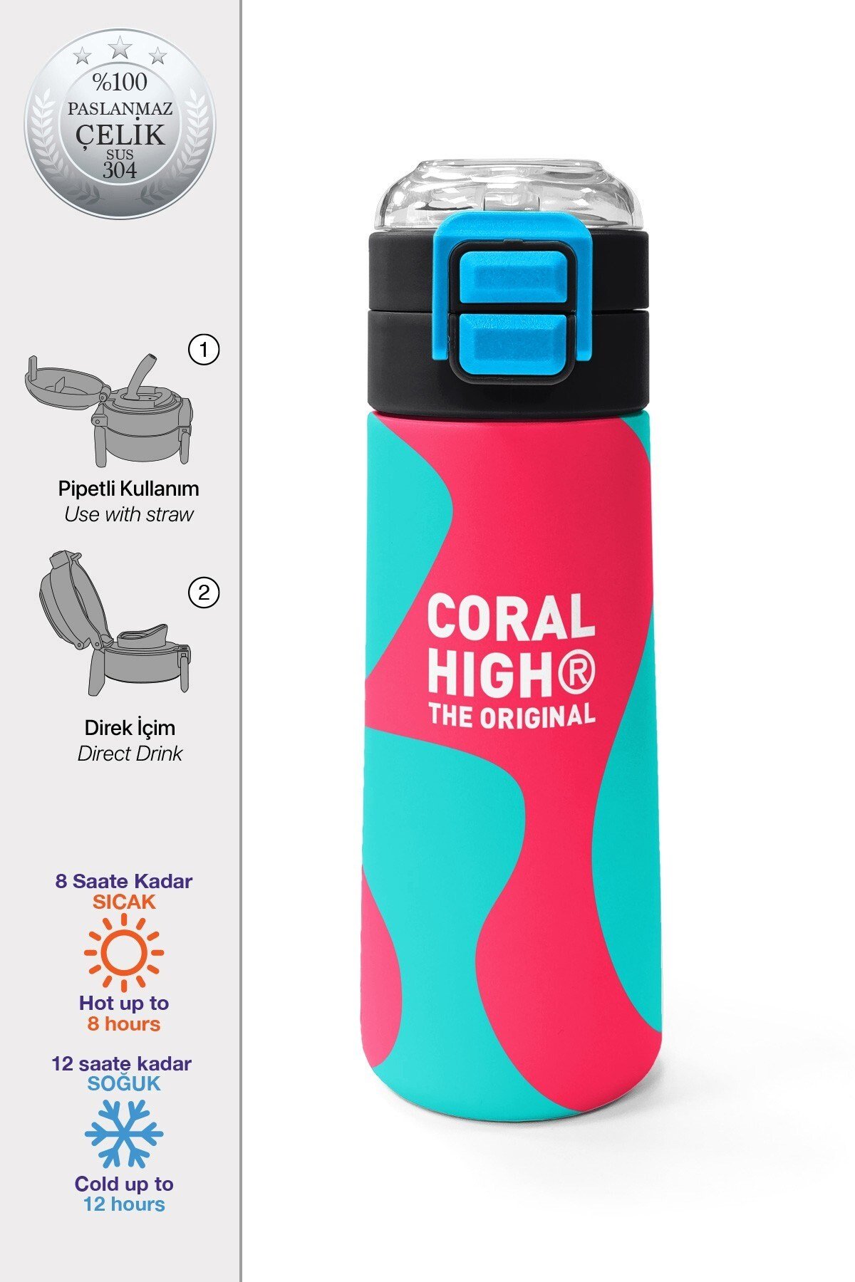 Coral High Kids Neon Mercan Turuncu Desenli Pipetli ve Direkt İçim Çelik Termos 500 ml 31885