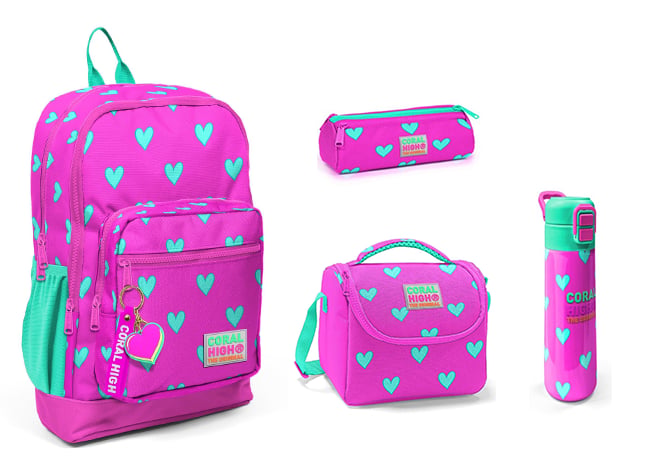 CORAL HİGH KİDS NEON PEMBE SU YEŞİLİ KALP DESENLİ ÇELİK TERMOSLU 4'LÜ OKUL ÇANTA SETİ