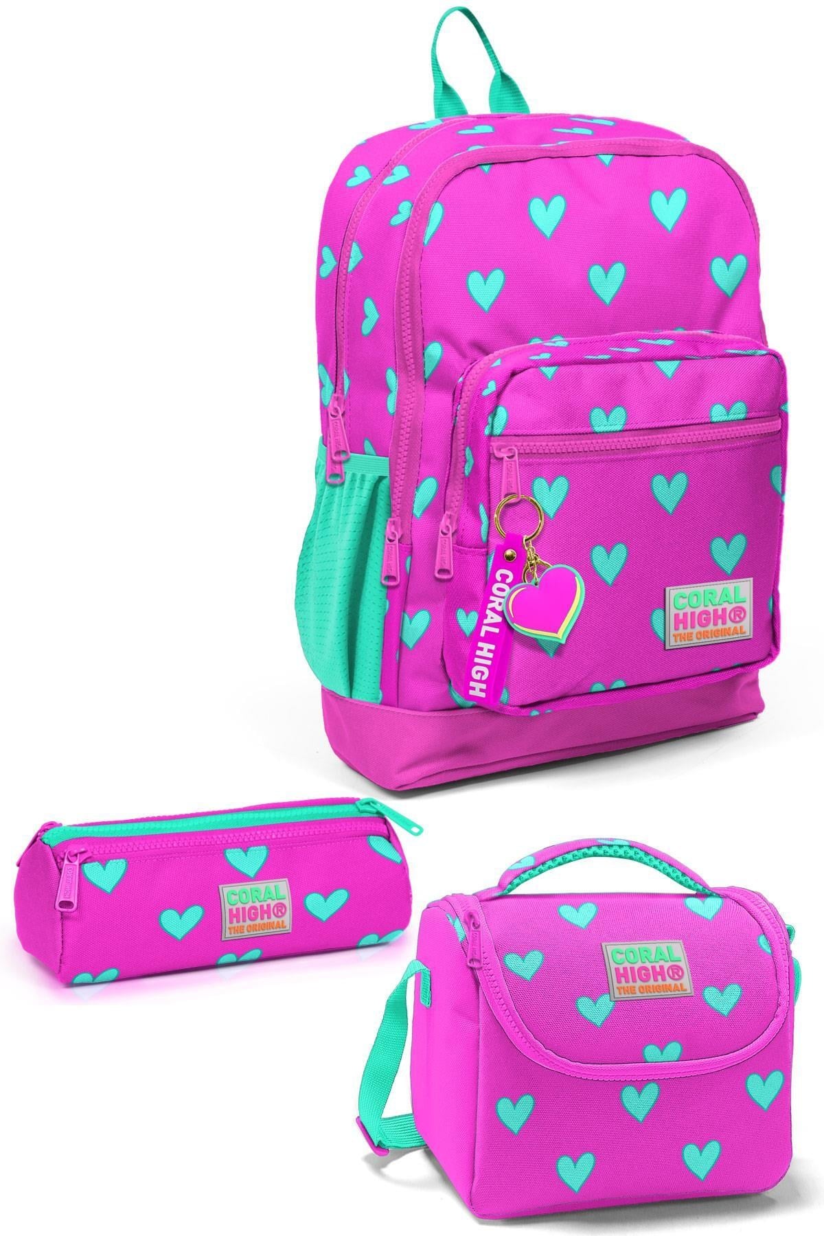 CORAL HİGH KİDS NEON PEMBE SU YEŞİLİ KALP DESENLİ 3'LÜ OKUL ÇANTA SETİ