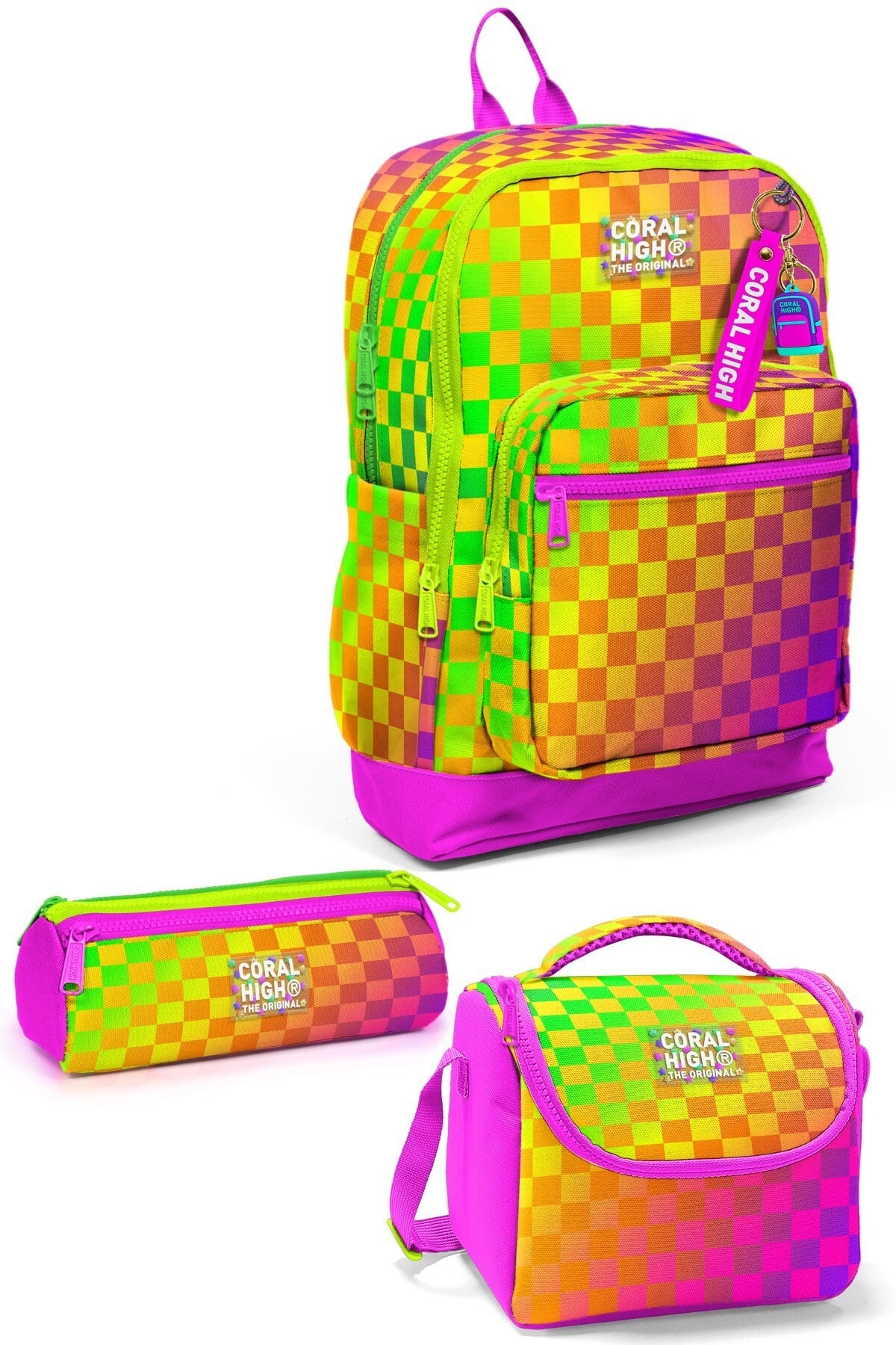 CORAL HİGH KİDS NEON RENKLİ DAMA DESENLİ 3'LÜ OKUL ÇANTA SETİ 