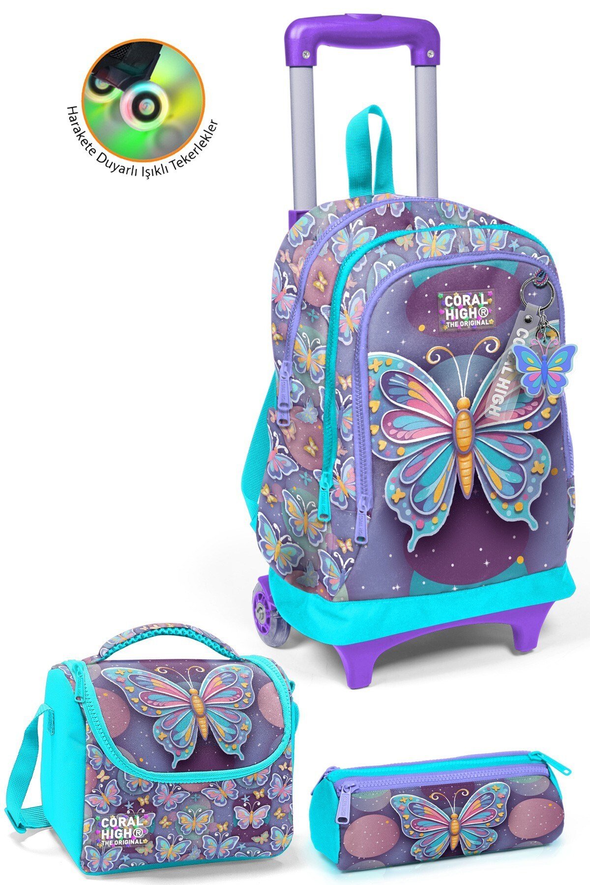 CORAL HİGH KİDS PASTEL RENKLİ KELEBEK DESENLİ ÇEKÇEKLİ 3'LÜ ÇANTA SETİ