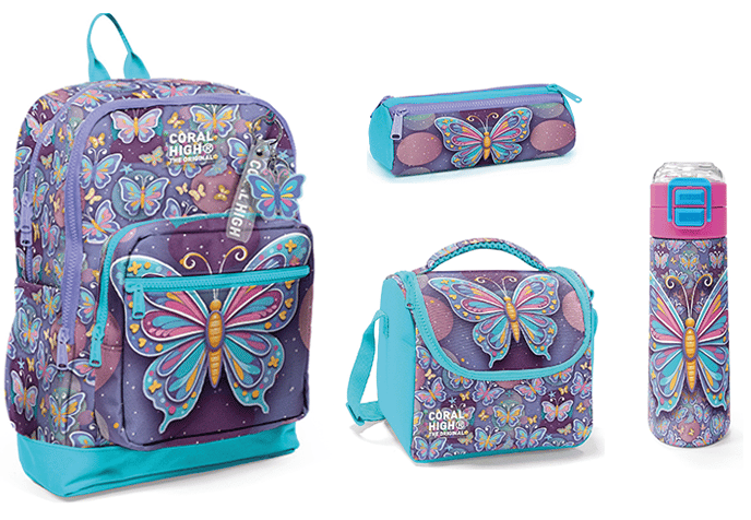 CORAL HİGH KİDS PASTEL RENKLİ KELEBEK DESENLİ  4'LÜ OKUL ÇANTA SETİ