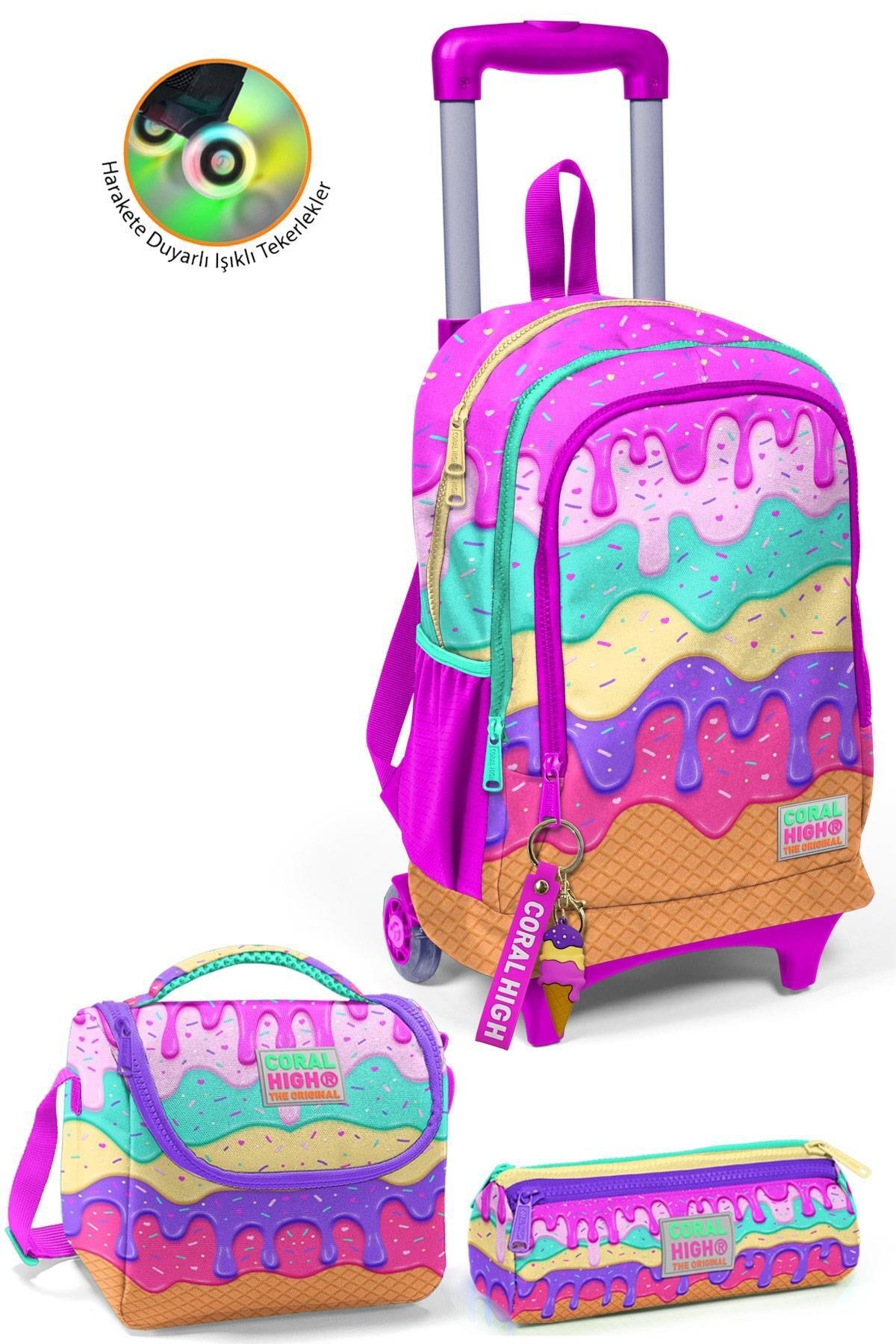 CORAL HİGH KİDS PEMBE RENGARENK DONDURMA DESENLİ ÇEKÇEKLİ 3'LÜ ÇANTA SETİ 