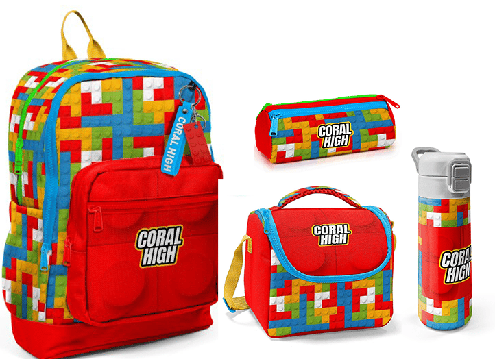 CORAL HİGH KİDS RENKLİ BLOK DESENLİ 500 ml TERMOSLU 4'LÜ OKUL ÇANTA SETİ