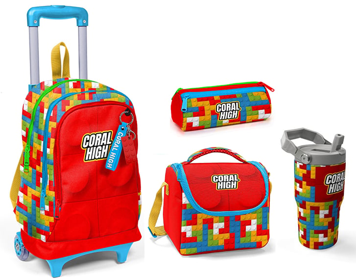 CORAL HİGH KİDS RENKLİ BLOK DESENLİ  600 ml ÇELİK TERMOSLU 4'LÜ ÇEKÇEKLİ OKUL ÇANTA SETİ SETİ