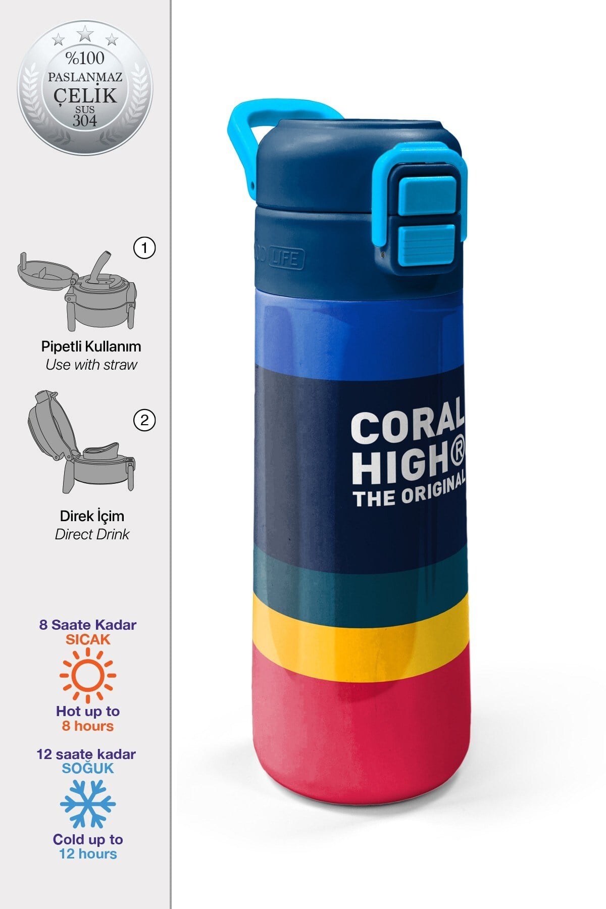 Coral High Kids Renkli Çizgi Desenli Pipetli ve Direkt İçim Çelik Termos 500 ml 38122