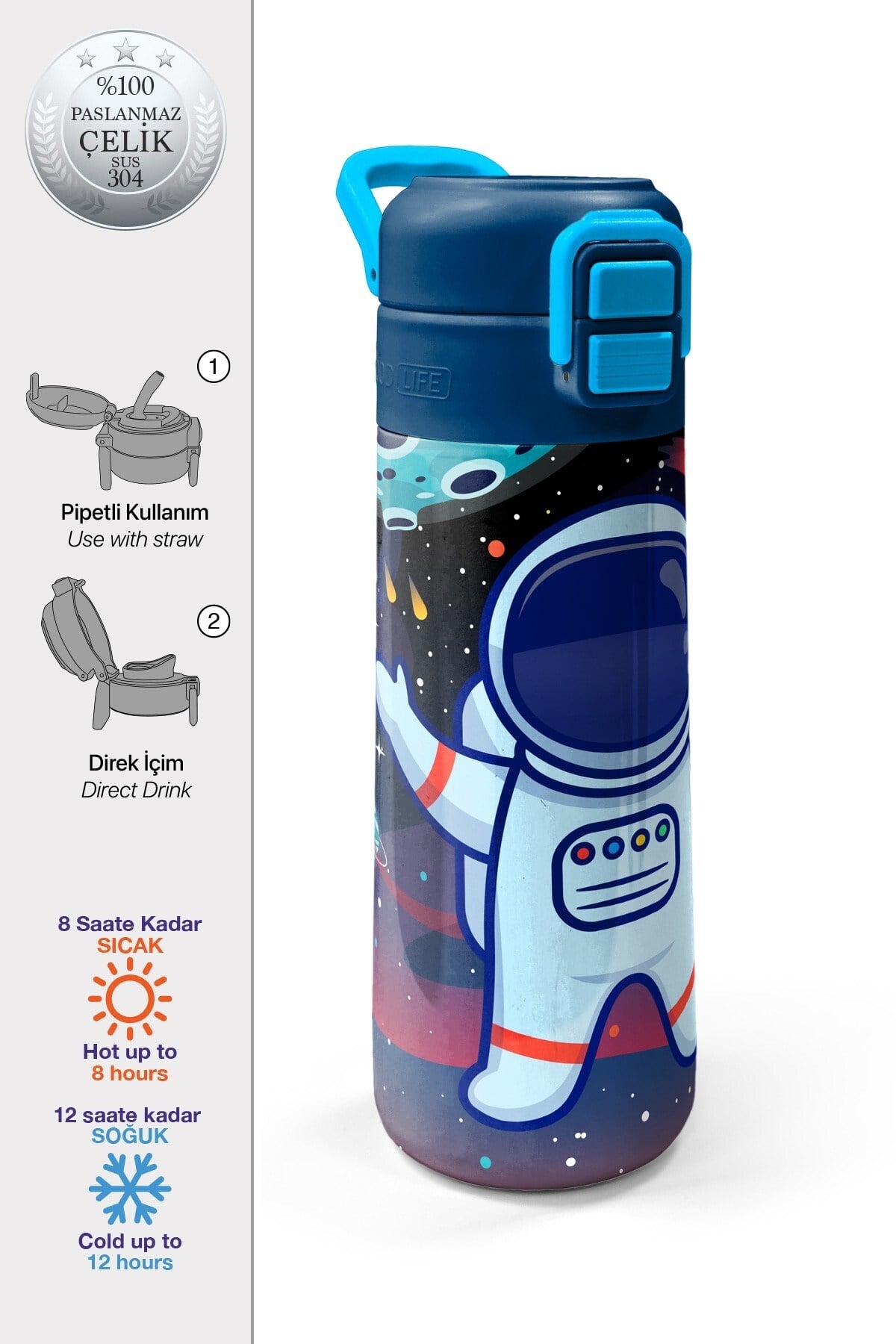 Coral High Kids Saks Mavi Astronot Desenli Pipetli ve Direkt İçim Çelik Termos 500 ml 31933
