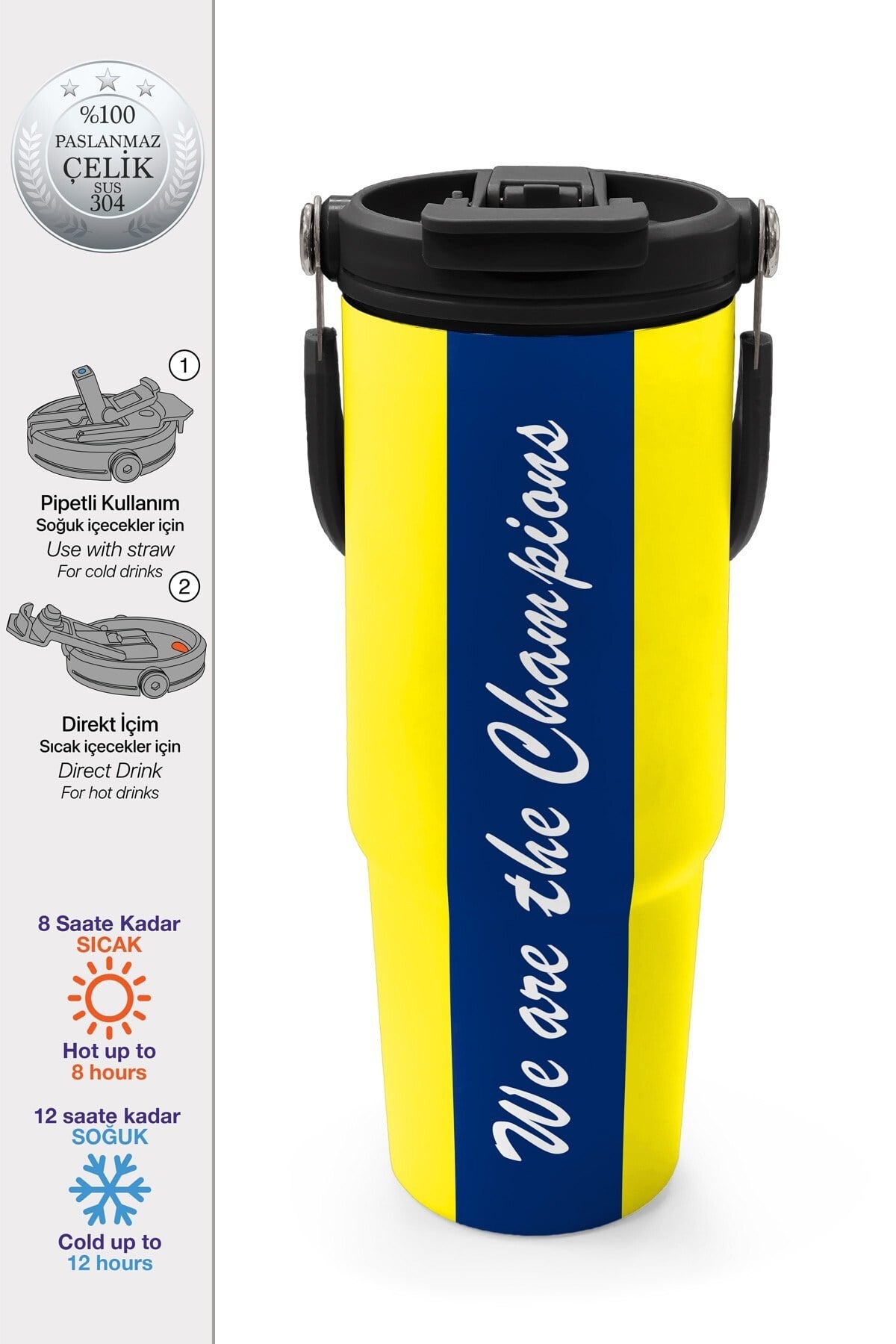 Coral High Kids Sarı Lacivert Çubuklu Pipetli ve Direkt İçim Çelik Termos 900 ml 38730