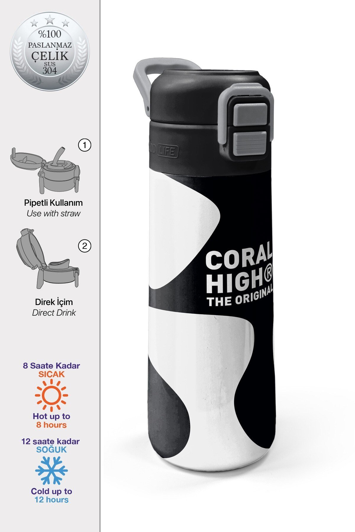 Coral High Kids Siyah Beyaz Desenli Pipetli ve Direkt İçim Çelik Termos 500 ml 31887