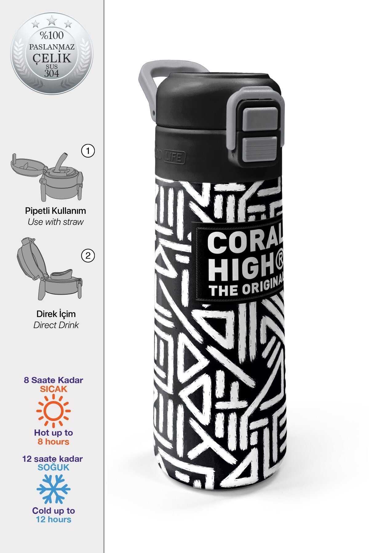 Coral High Kids SiyahBeyaz Geometrik Desenli Pipetli ve Direkt İçim Çelik Termos 500 ml 31882