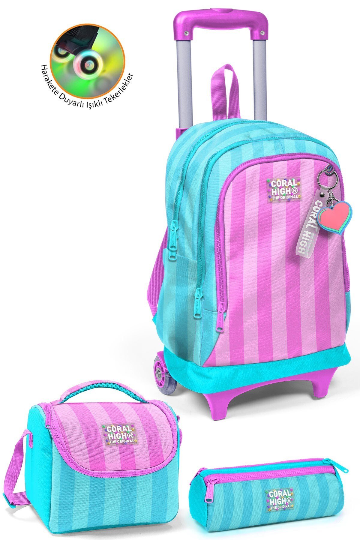 Coral High Kids Turkuaz Pembe Çizgili 3'lü Okul Çanta Seti SET0123971