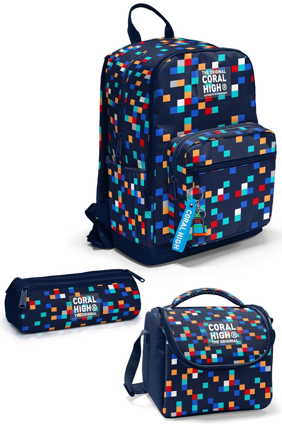 CORAL HİGH LACİVERT GEOMETRİK DESENLİ 3'LÜ OKUL ÇANTA SETİ