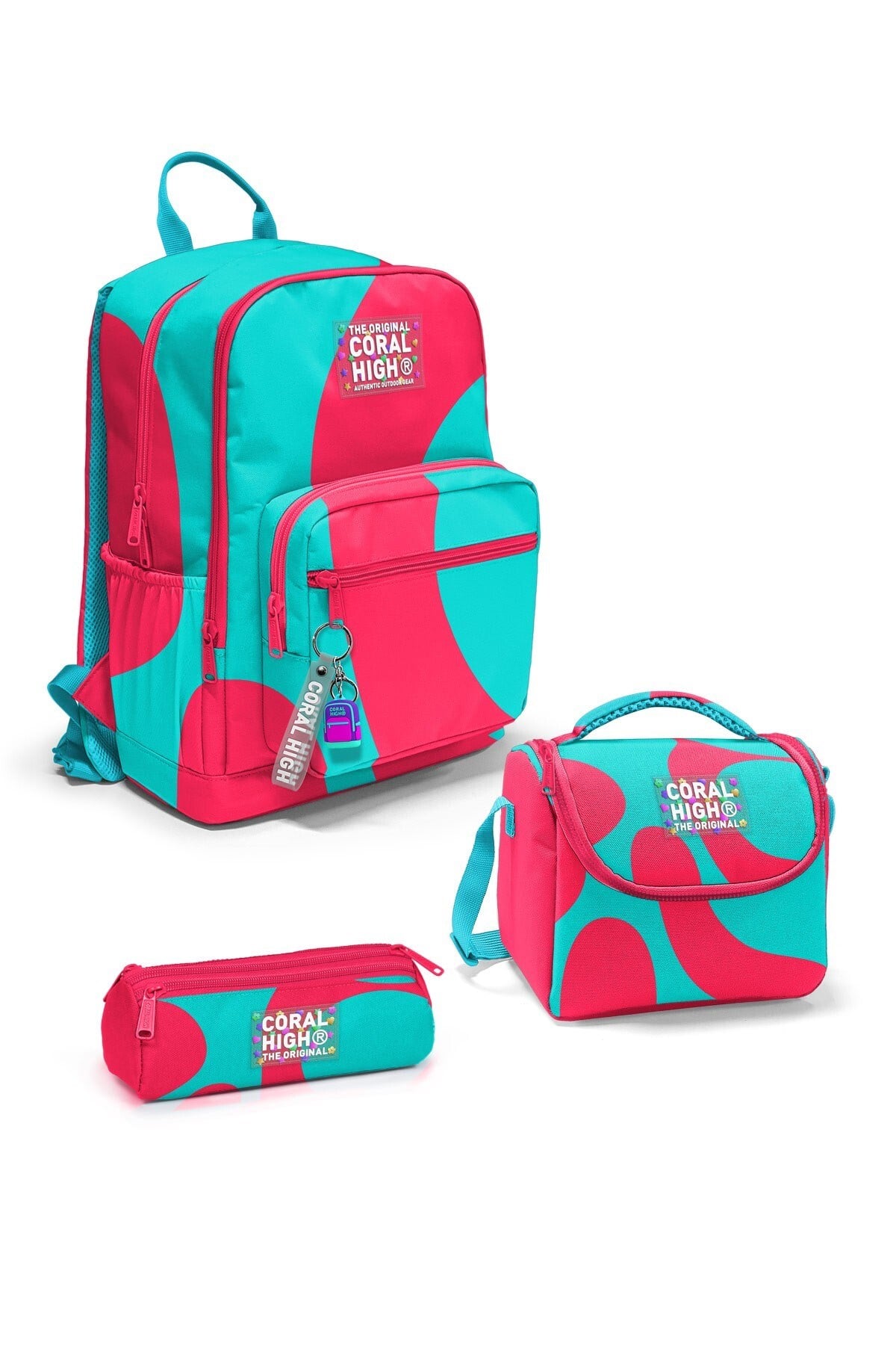Coral High Neon Mercan Turkuaz Desenli 3'lü Okul Çanta Seti SET0123685