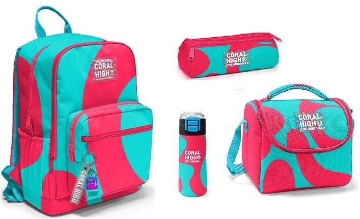 CORAL HİGH NEON MERCAN TURKUAZ DESENLİ 500 ml ÇELİK TERMOSLU 4'LÜ OKUL ÇANTA SETİ 