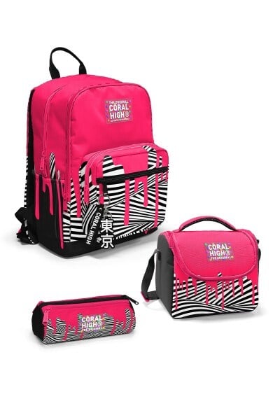 Coral High Pembe Siyah Beyaz Desenli 3'lü Okul Çanta Seti SET0123678
