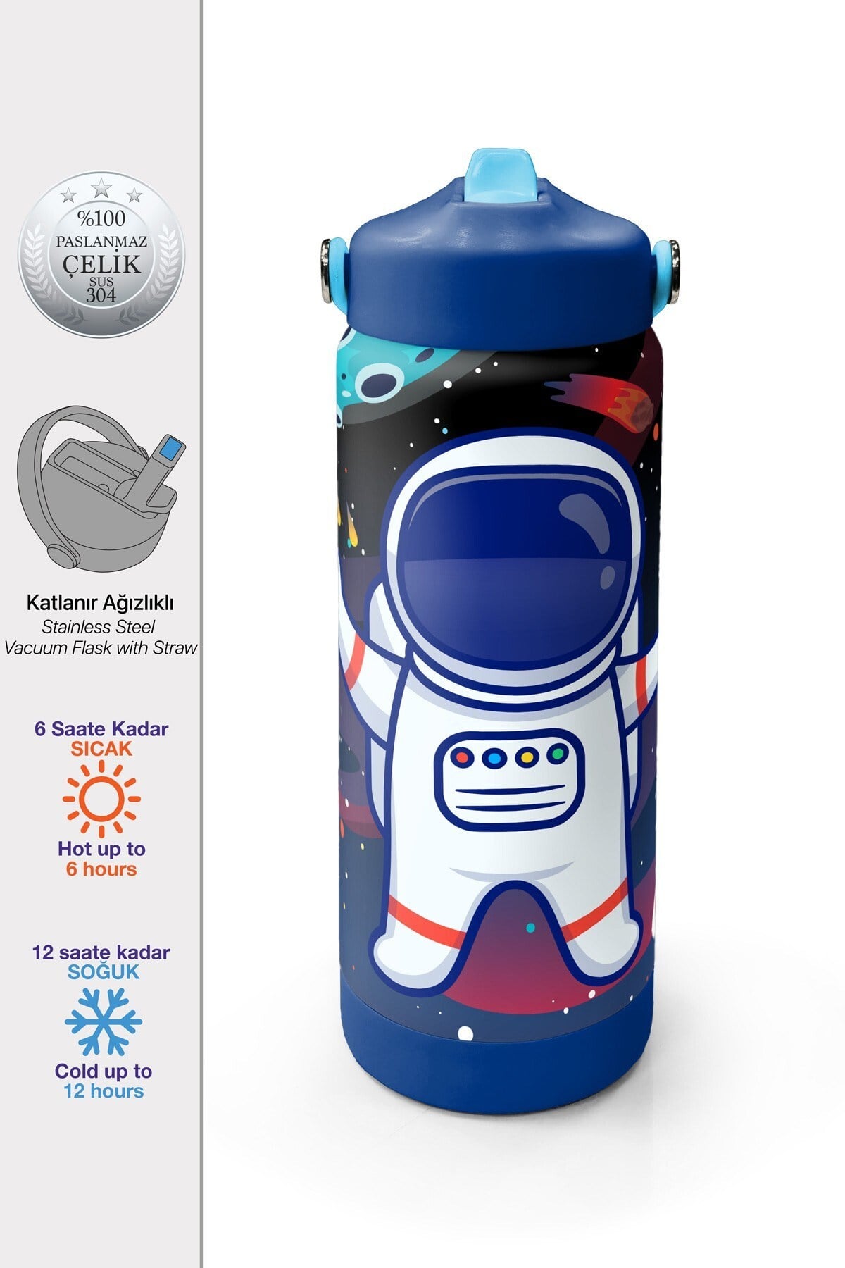 Coral High Saks Lacivert Astronot Desenli Katlanır Ağızlıklı Çelik Termos 650 ml 38385