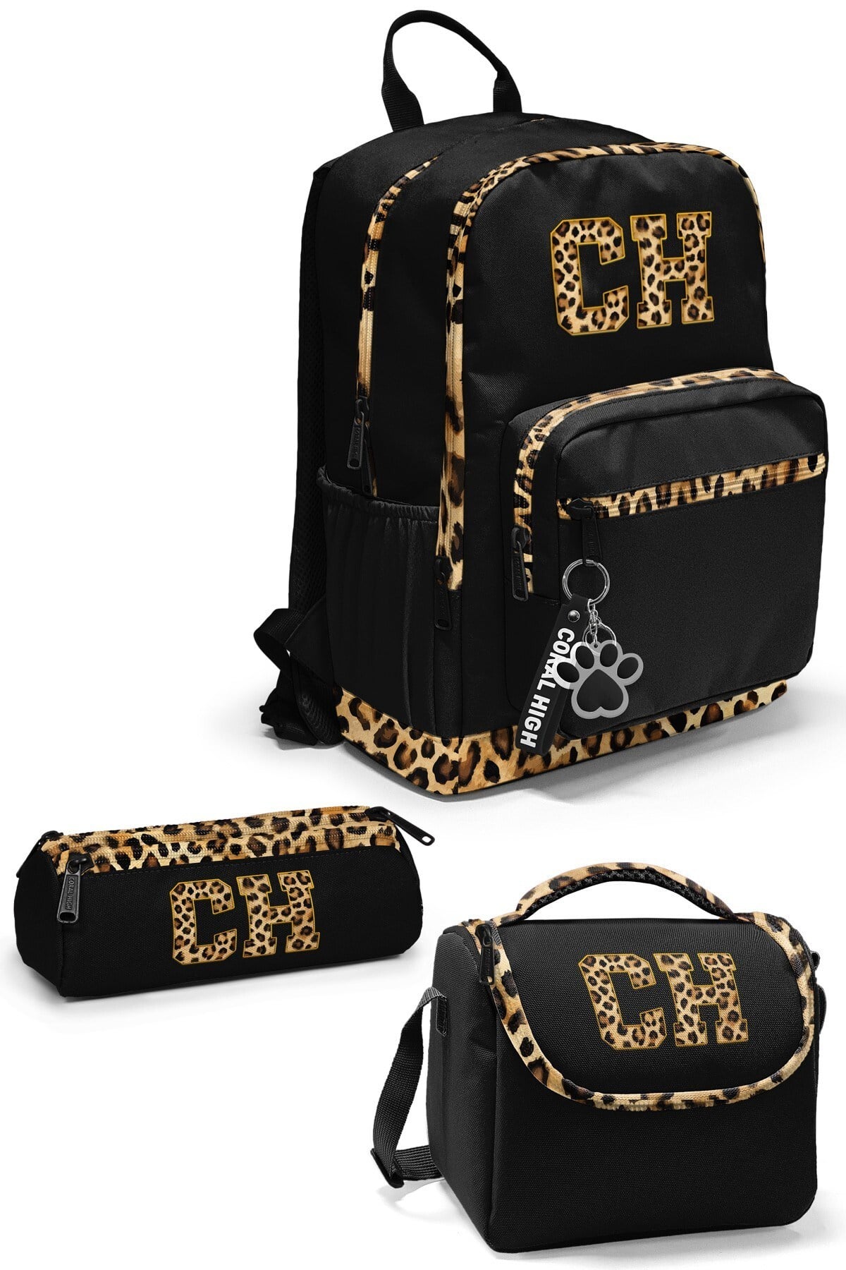 CORAL HİGH SİYAH LEOPAR CH HARF DESENLİ 3'LÜ OKUL ÇANTA SETİ 