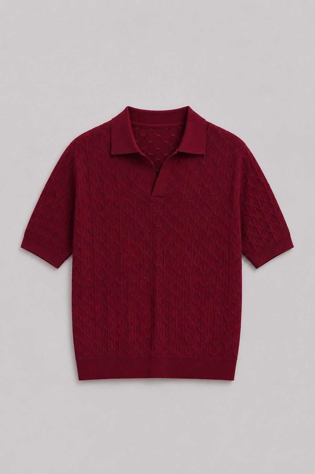 Bordo Monoco Örgü Polo Yaka Triko