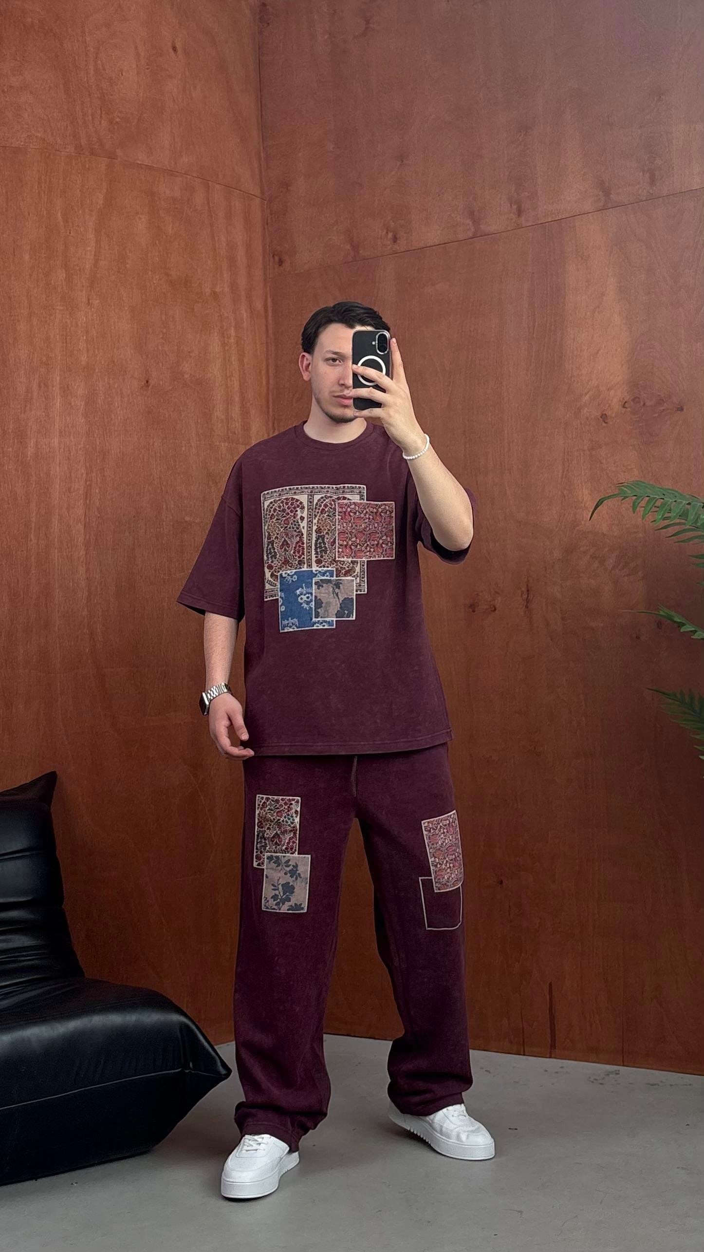 Desenli Oversize Eşofman Takımı Bordo