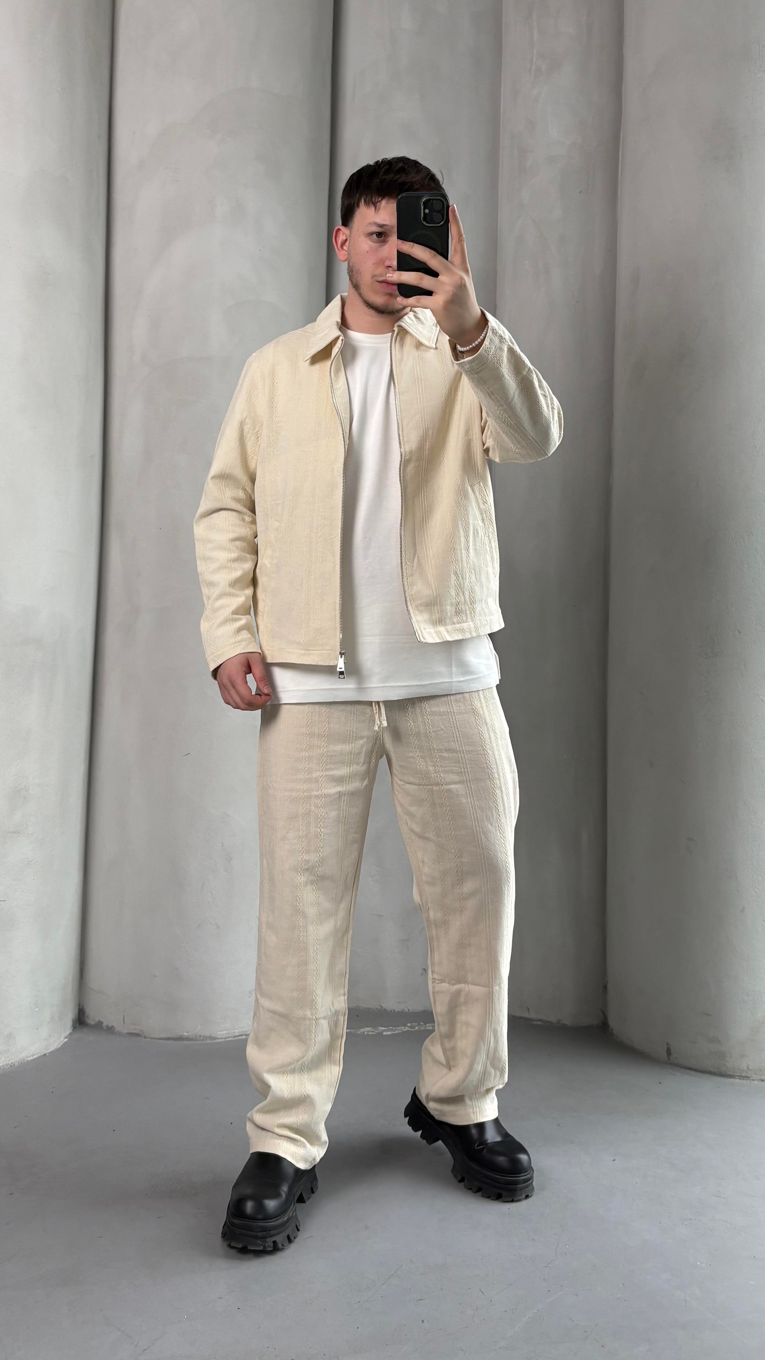 Desenli Oversize Takım Krem