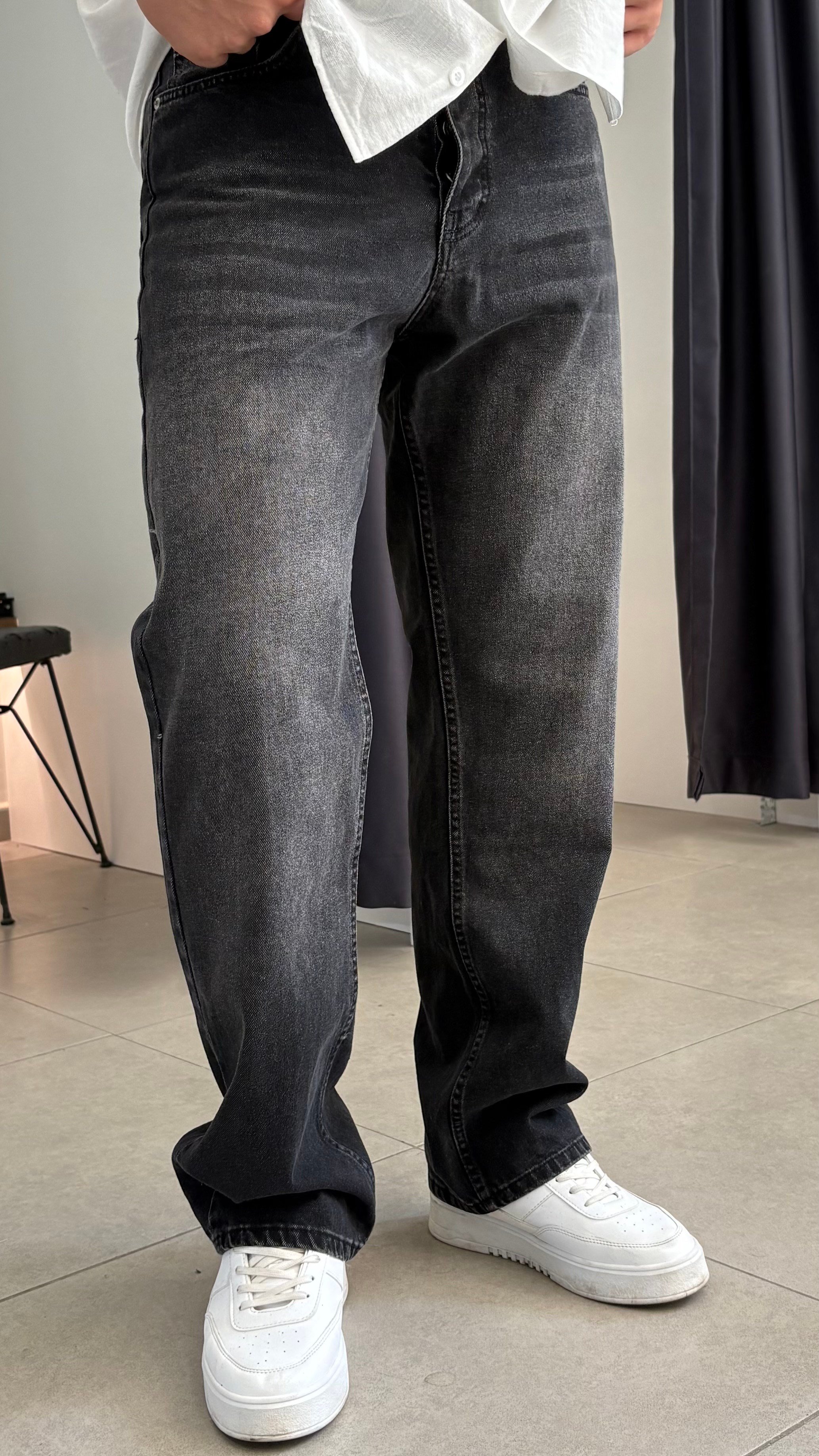 Erkek Baggy Fit Kot Pantolon Füme