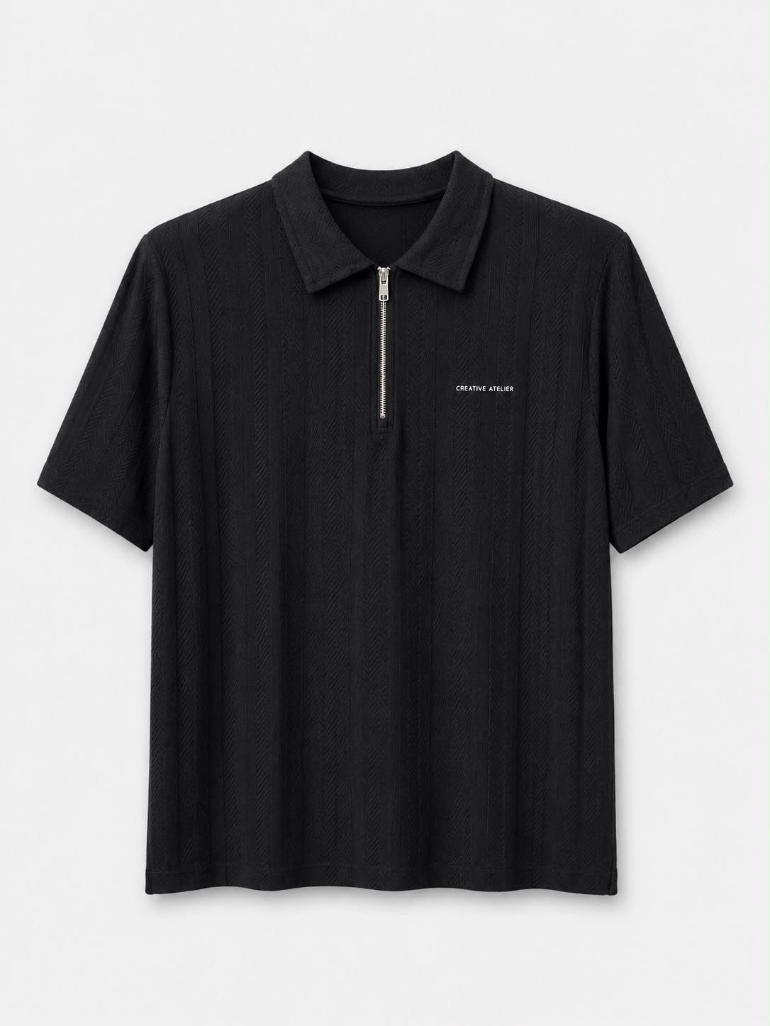 Erkek Çizgi Desenli Fermuarlı Polo Yaka T-shirt Siyah