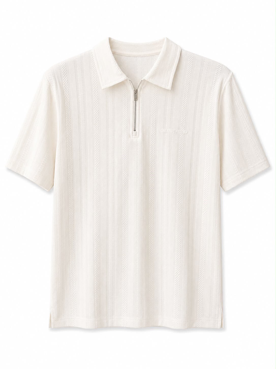 Erkek Çizgi Desenli Fermuarlı Polo Yaka T-shirt Beyaz