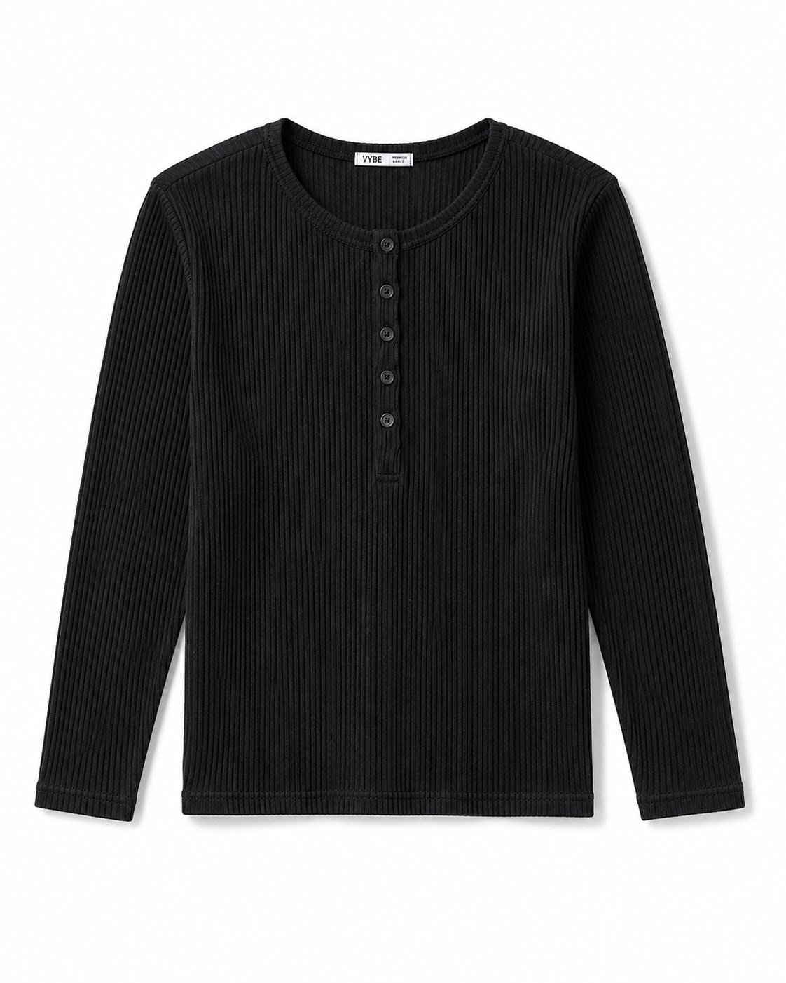 Erkek Fitilli Henley Yaka Düğmeli Triko Kazak Siyah