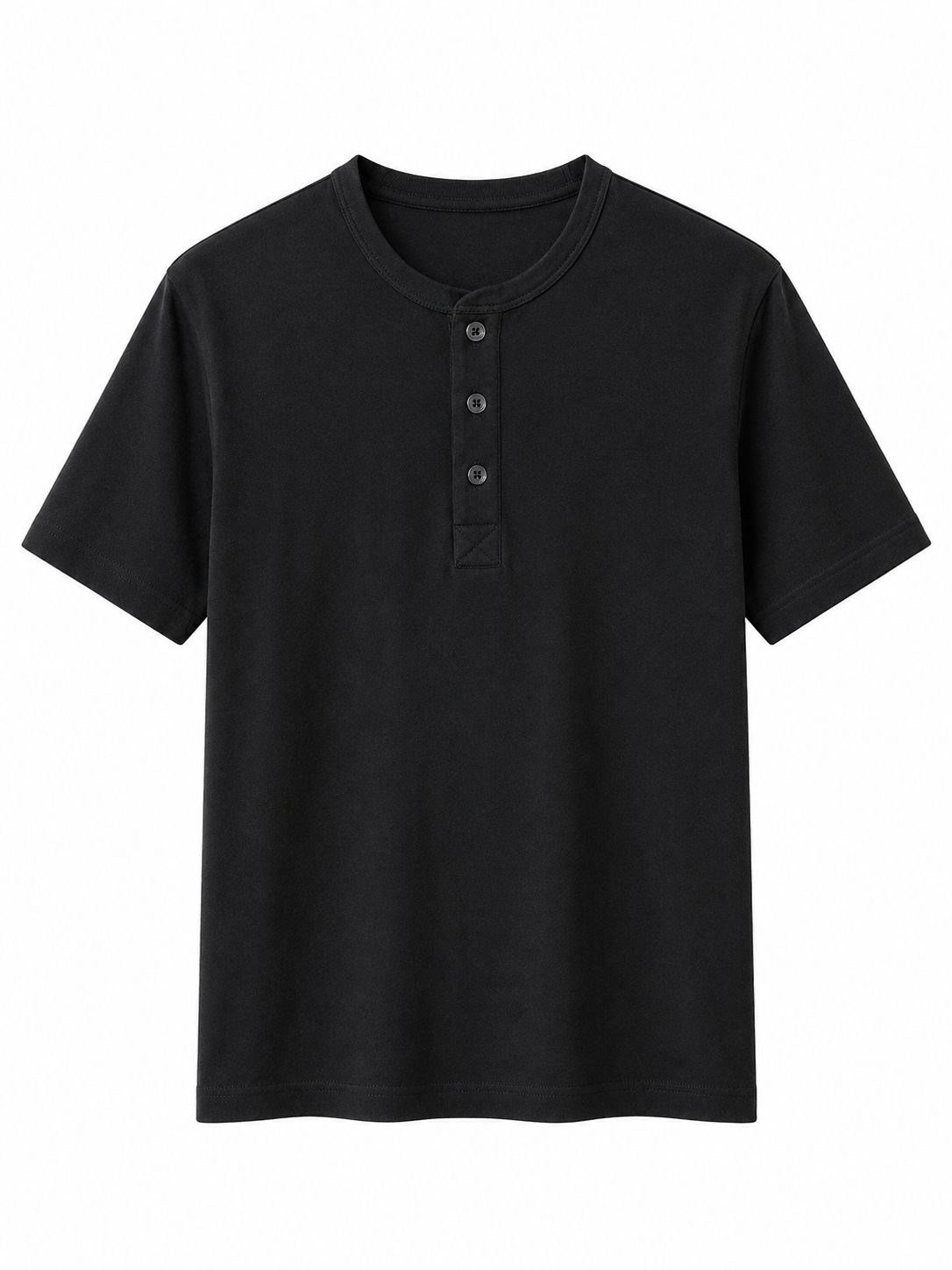 Erkek Relaxed Fit Düğmeli Henley Yaka Basic T-Shirt Siyah