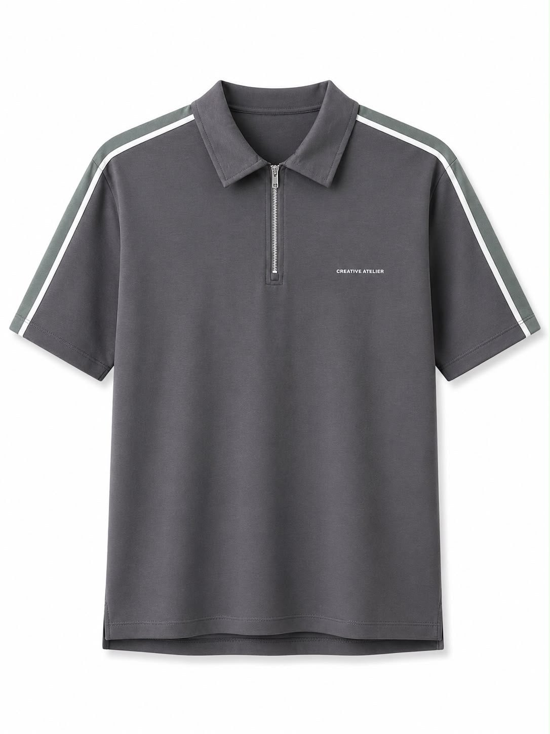 Erkek Şerit Detaylı Fermuarlı Polo Yaka T-shirt Gri