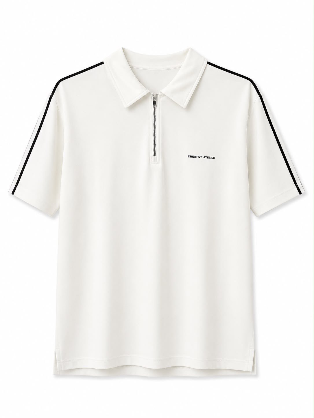 Erkek Şerit Detaylı Fermuarlı Polo Yaka T-shirt Beyaz