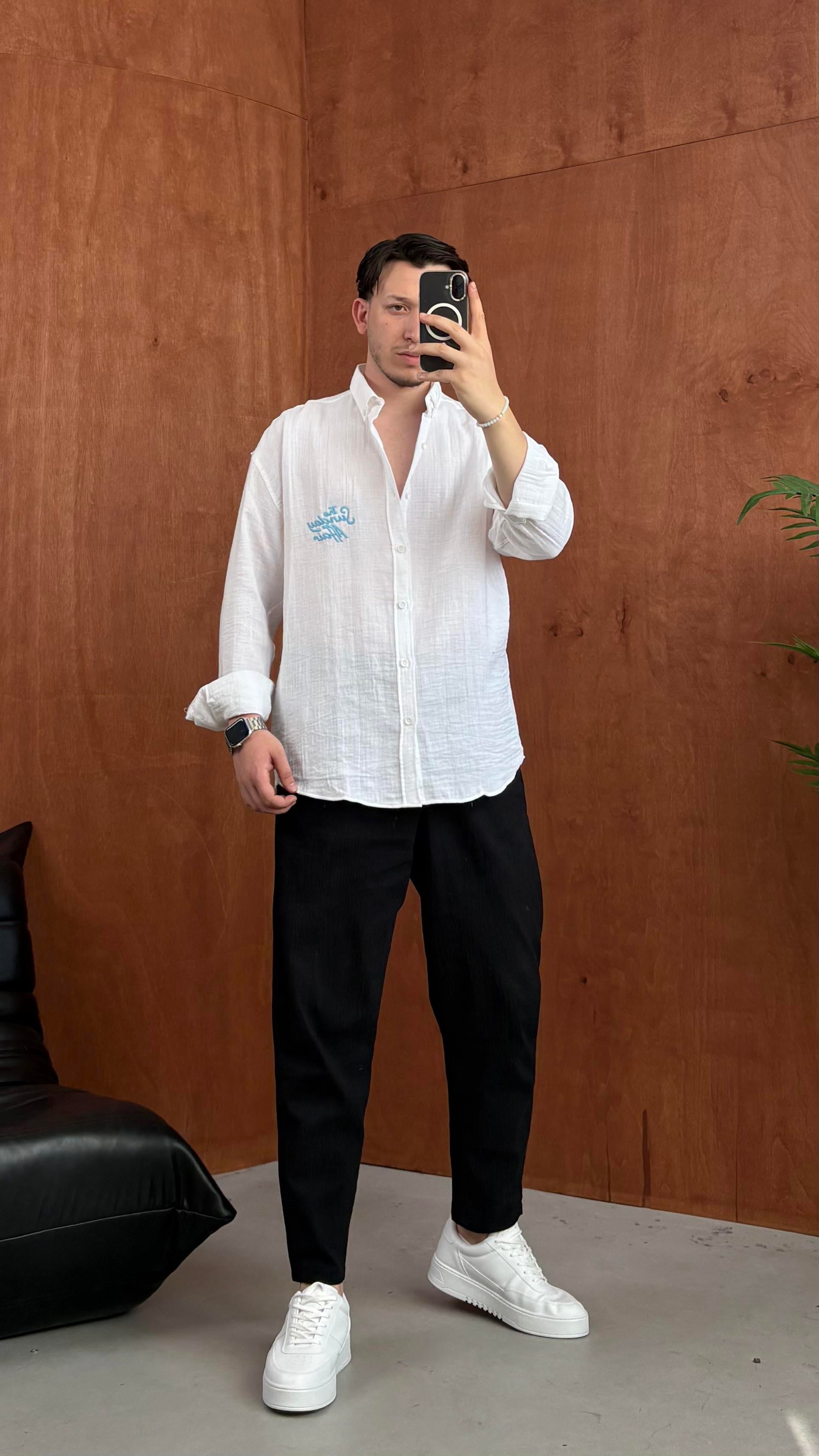 Oversize Baskılı Keten Gömlek Beyaz