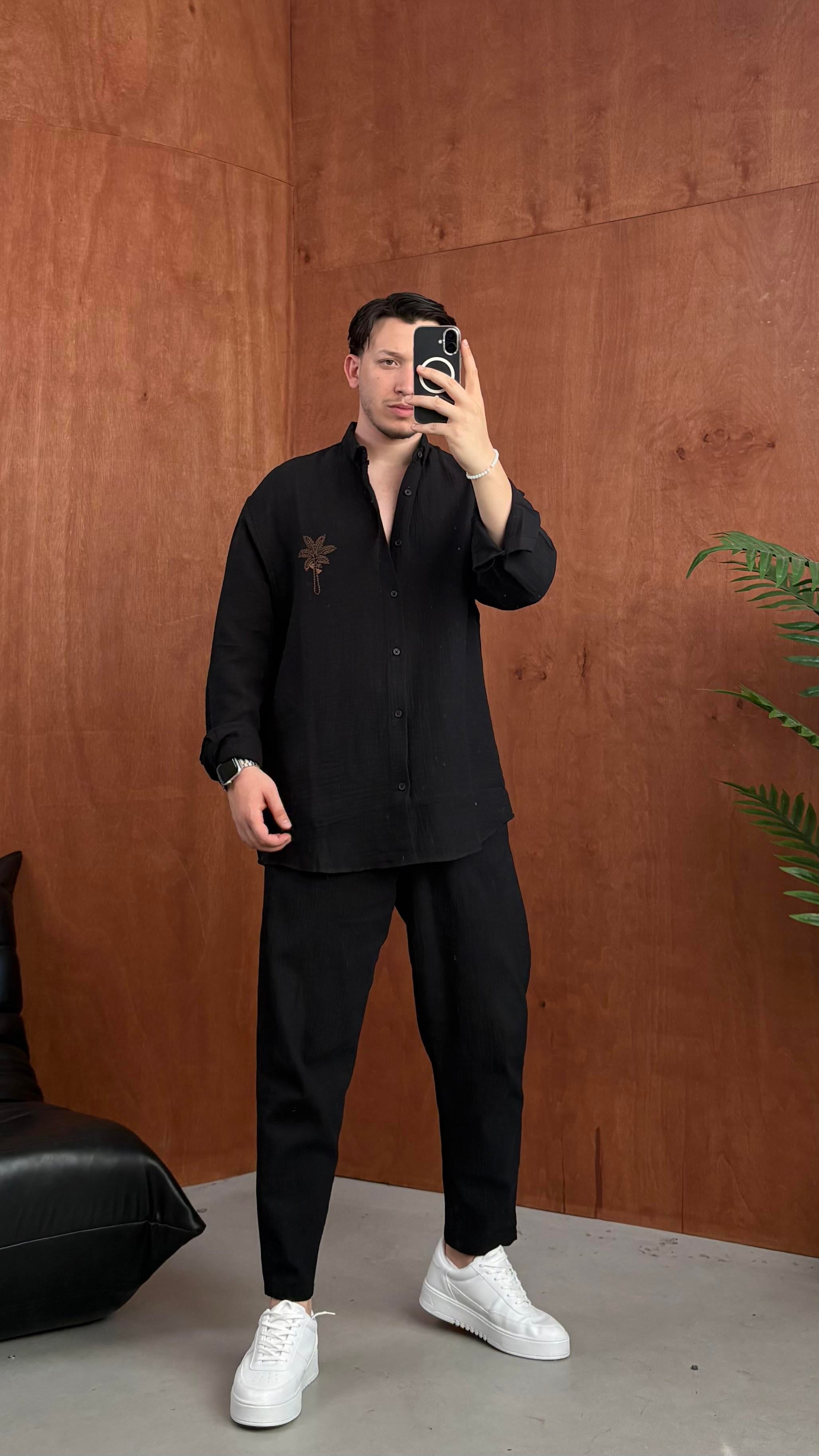 Oversize Baskılı Keten Gömlek Siyah