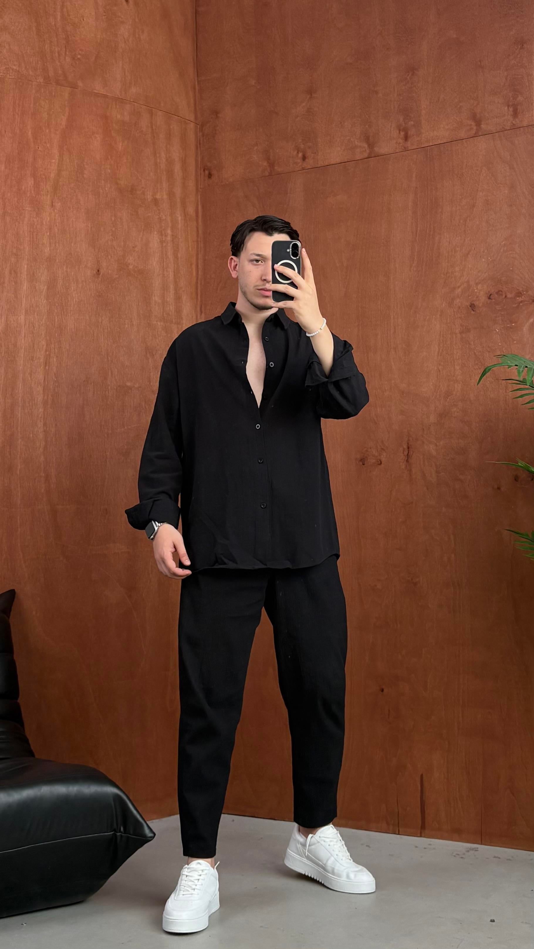 Oversize Keten Gömlek Siyah 